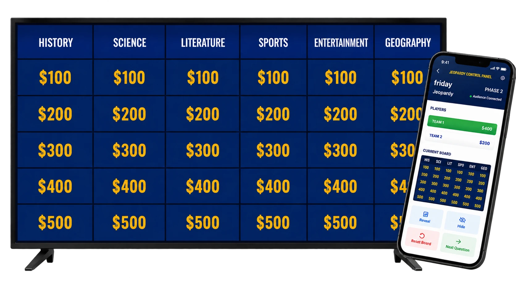 Jeopardy-style game board with categories, clues, and point values