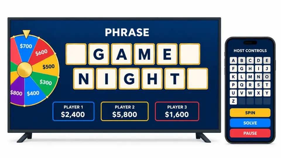 Illustration of a Word Wheel puzzle board on a TV beside a phone with private host controls